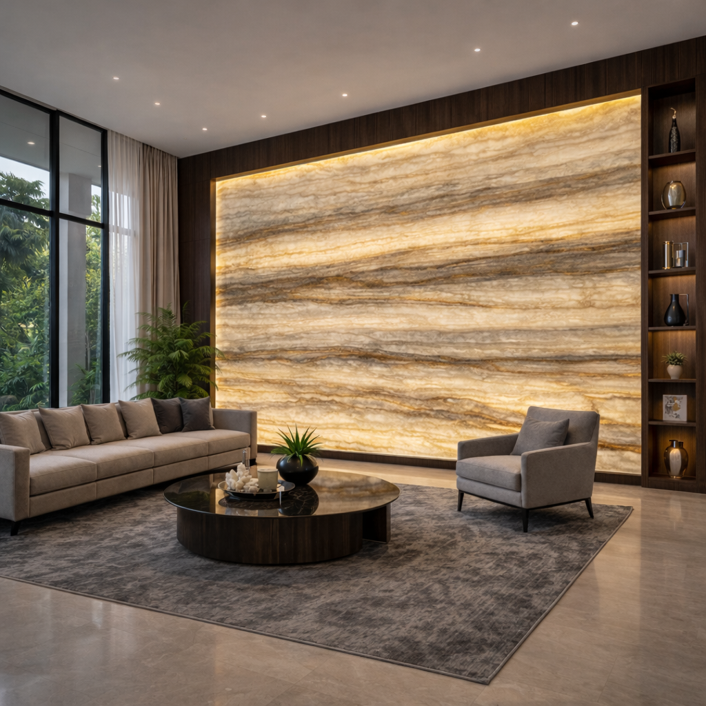 Premium feature wall application using natural stone